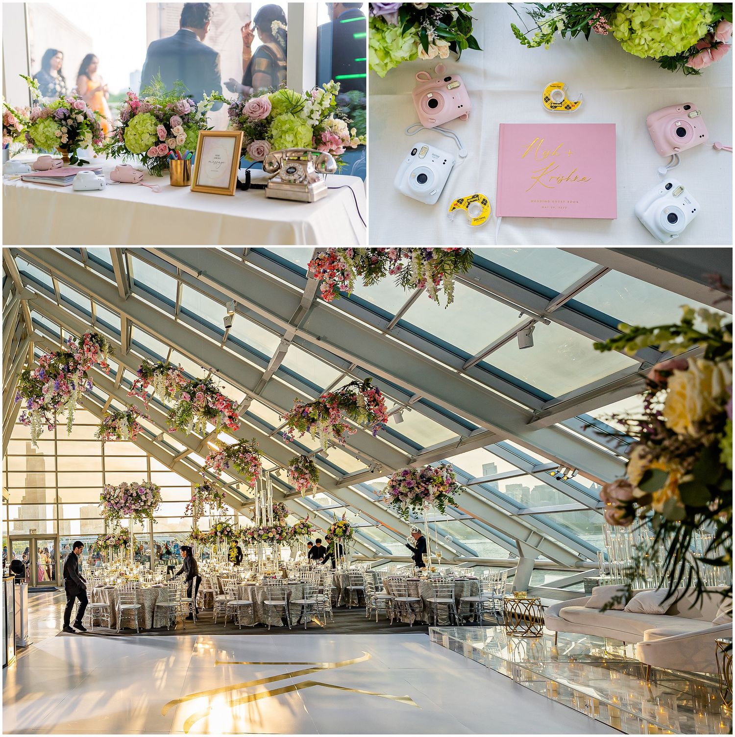 Modern wedding reception venue with elegant table settings and floral arrangements.