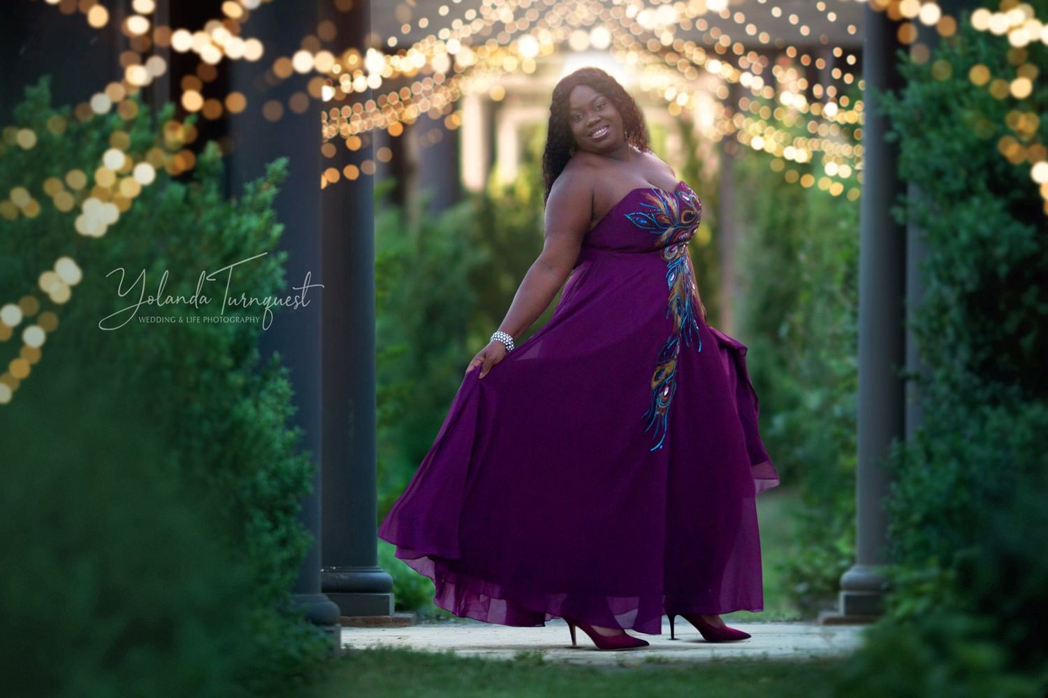 black woman in purple dress in garden, nassau bahamas photographer, K. Yolanda Turnquest Photography
