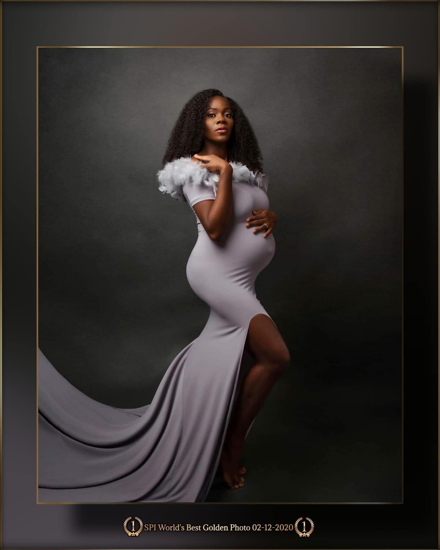 maternity fine art mum to be in a long grey dress portrait photo