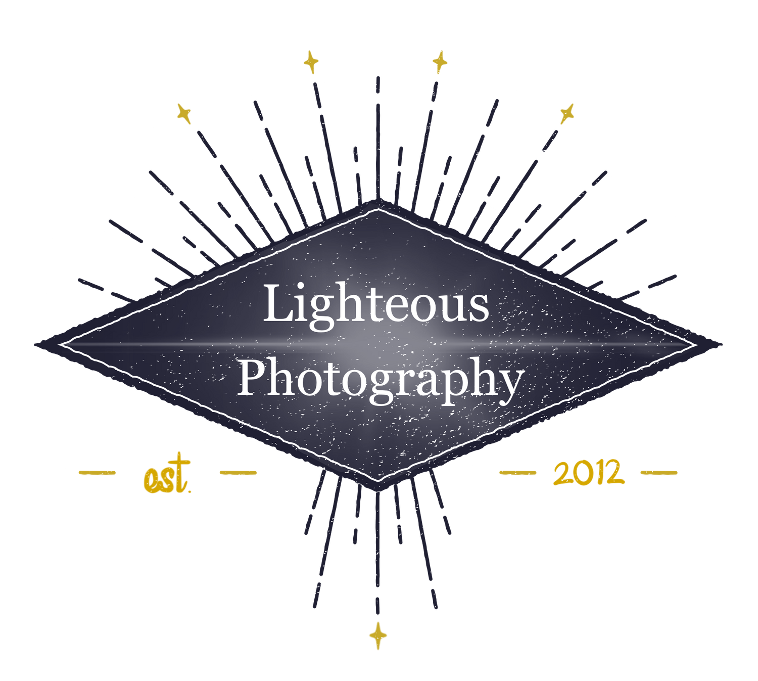 Vintage-style diamond shaped photography logo with sunburst design and text reading 'Lighteous Photography est 2012'.