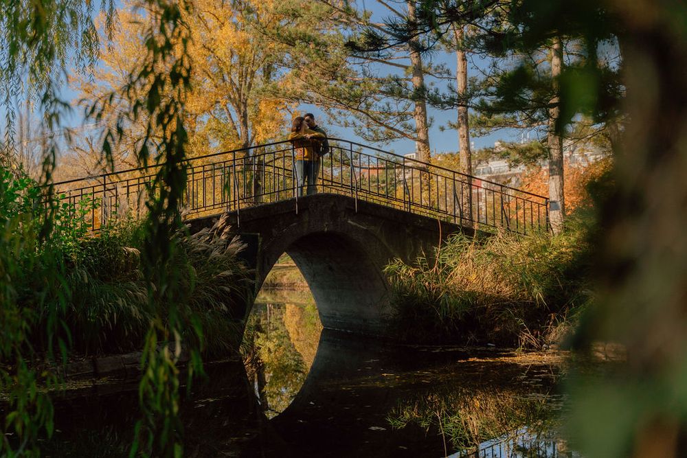 Rustic wooden bridge over calm water reflecting autumn trees.
