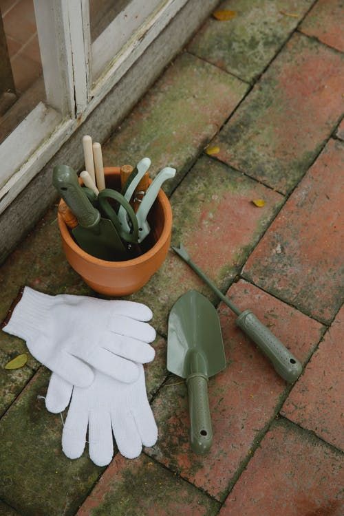 Gardening tools including gloves, trowel, and plant markers in a terracotta pot on brick pavers.