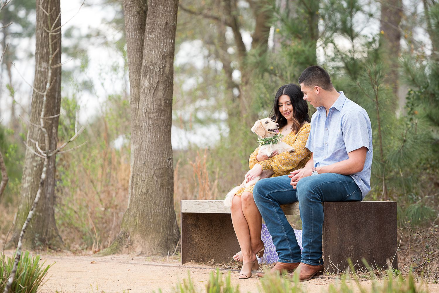 Couple sitting on bench in wooded area with small dog.