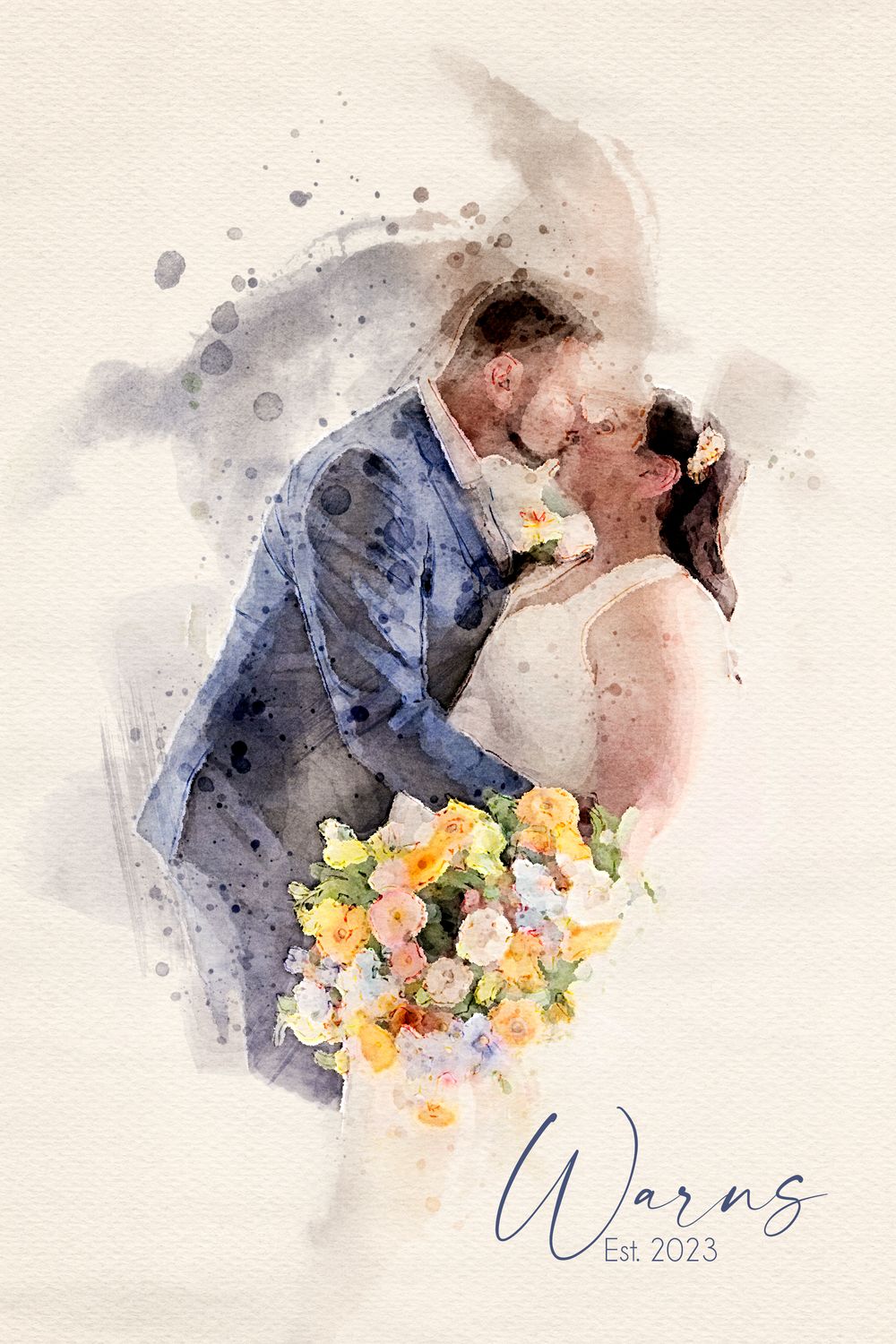 watercolor portrait by Milestones Portraits bride and groom kissing