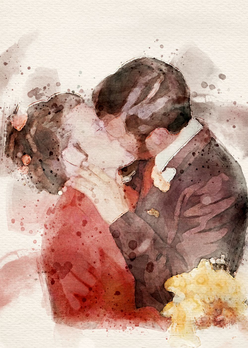 wedding kiss from 1972 watercolor portrait by Milestones Portraits