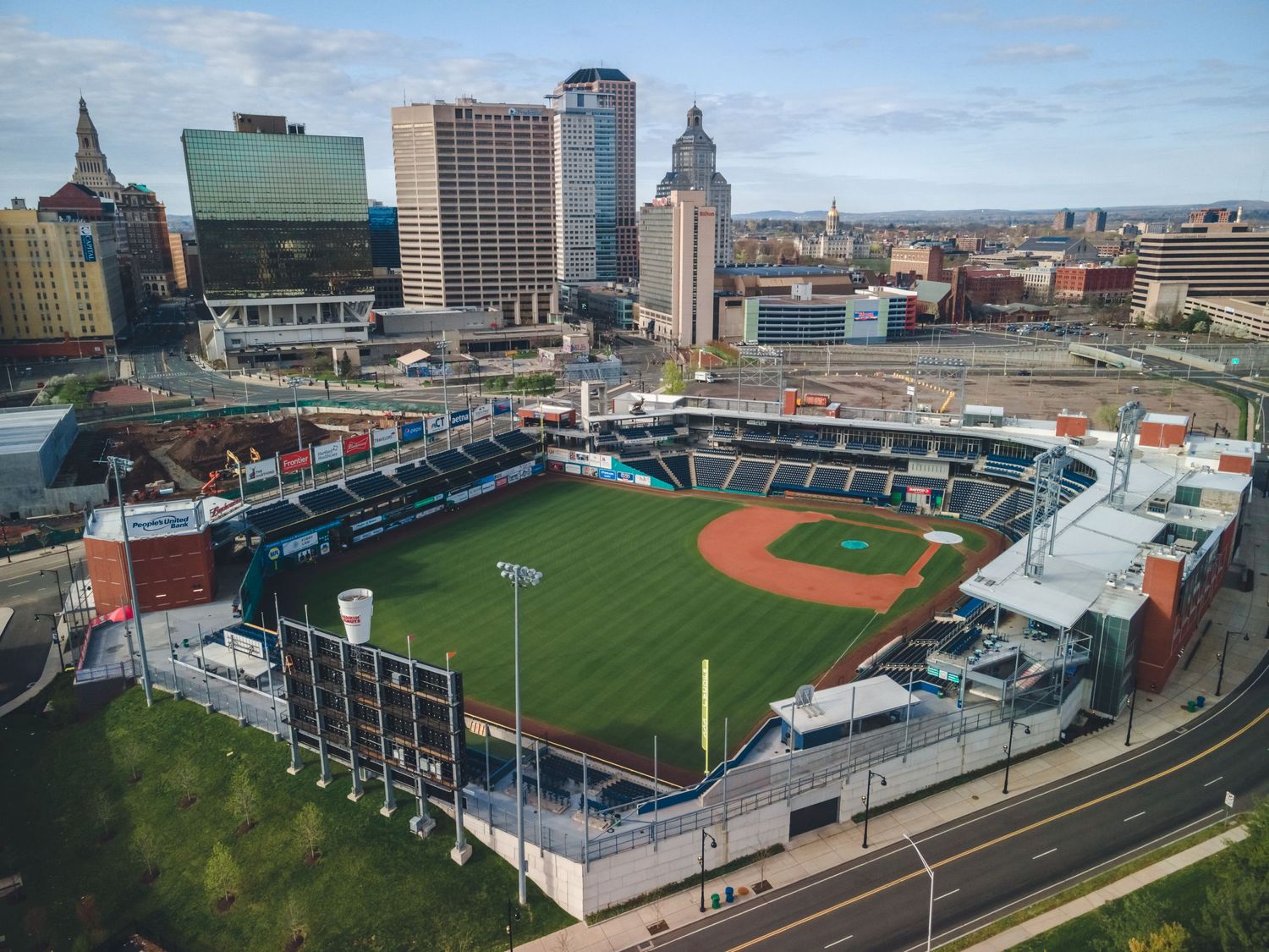 Aerial view of Dunkin Donuts Stadium in Downtown Hartford, Connecticut. Commercial Real Estate Photography and Video.