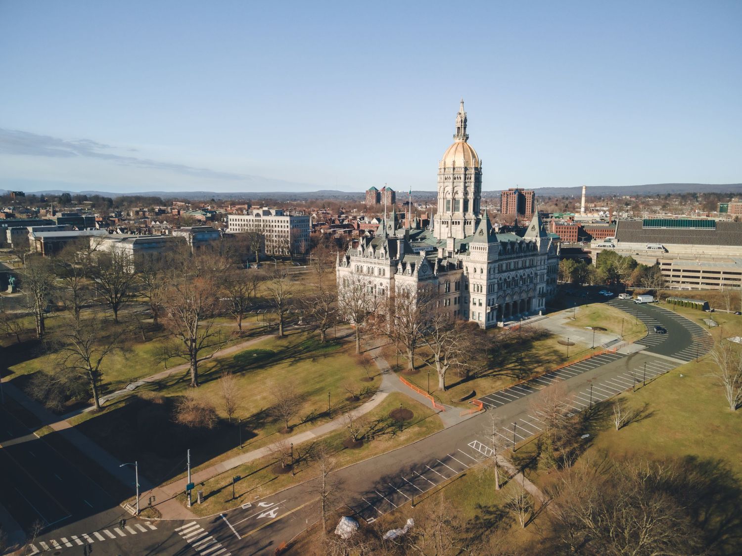 Aerial photo of Connecticut State Capitol in Downtown Hartford area. Real Estate Photography and Video.
