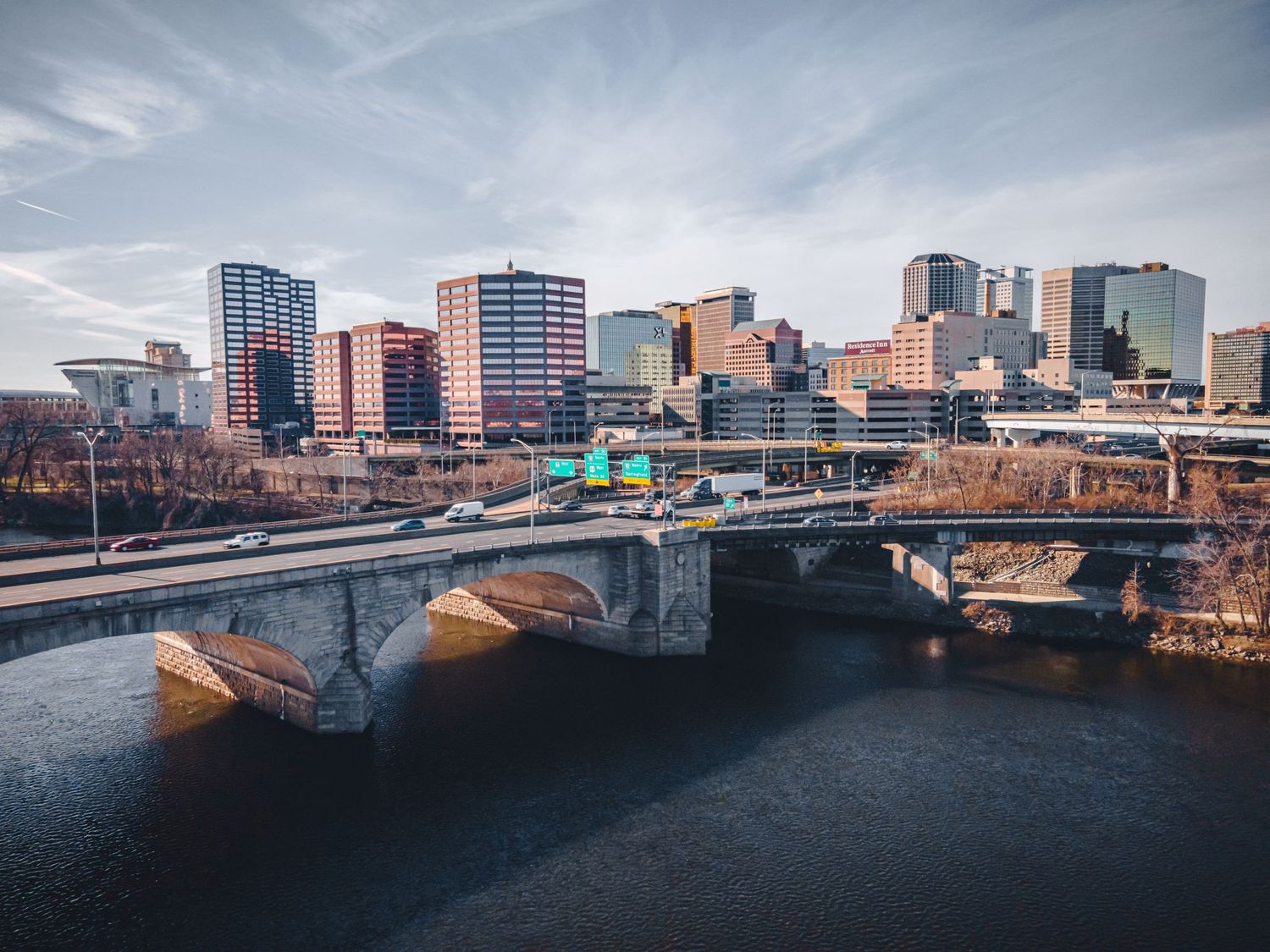 Bridge evening view of Downtown Hartford. Commercial Real Estate Photography and Drone Services in Connecticut.