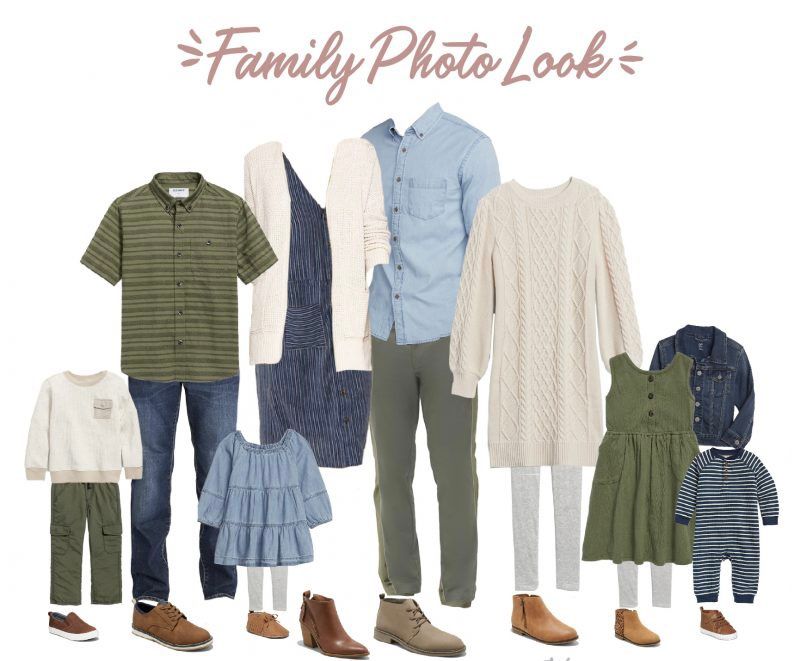 Stylish family clothing layout with casual pieces in navy, olive green, and cream colors arranged on white background.