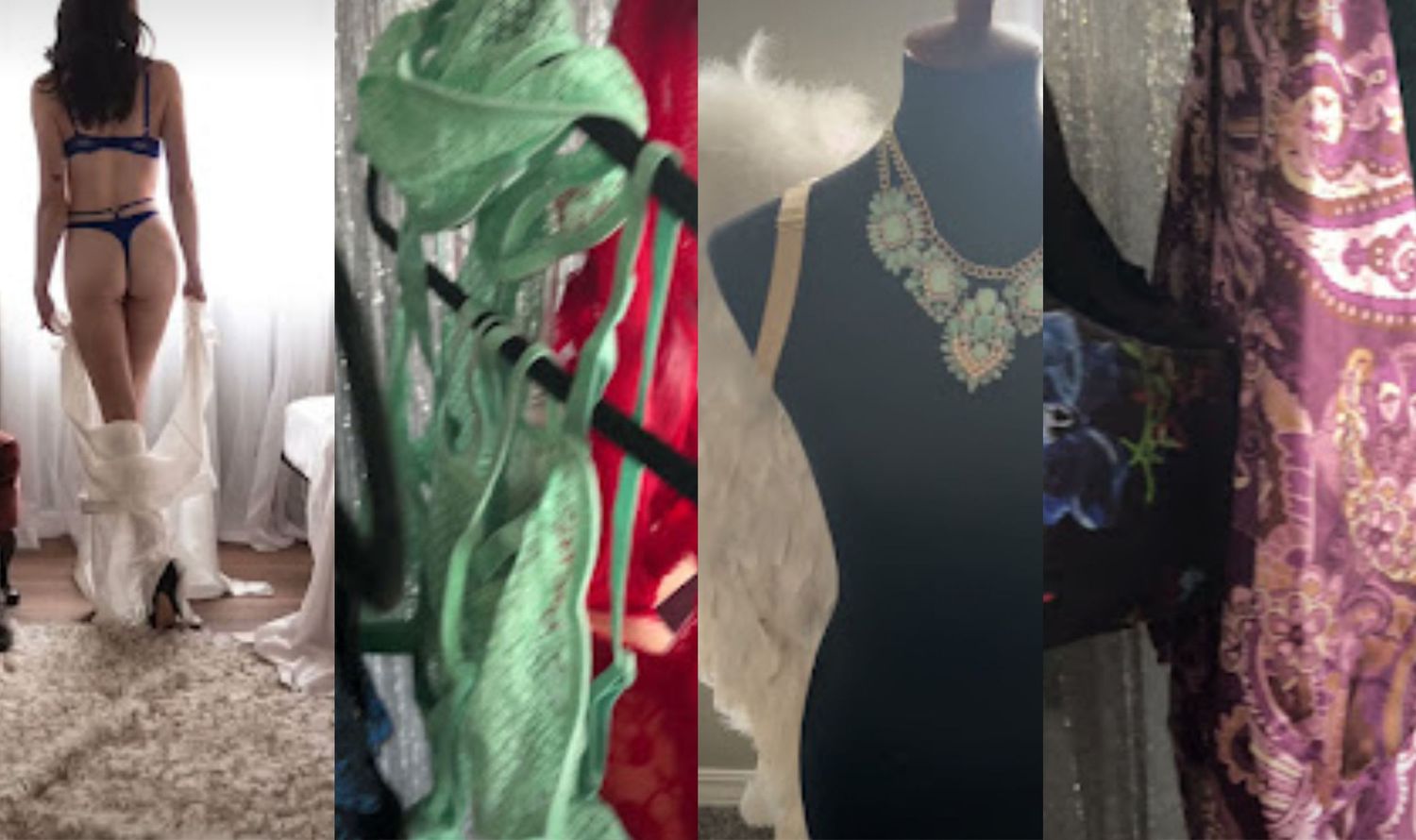Prepping your wardrobe for your boudoir photo shoot, showing lingerie, wings, necklaces, outfits