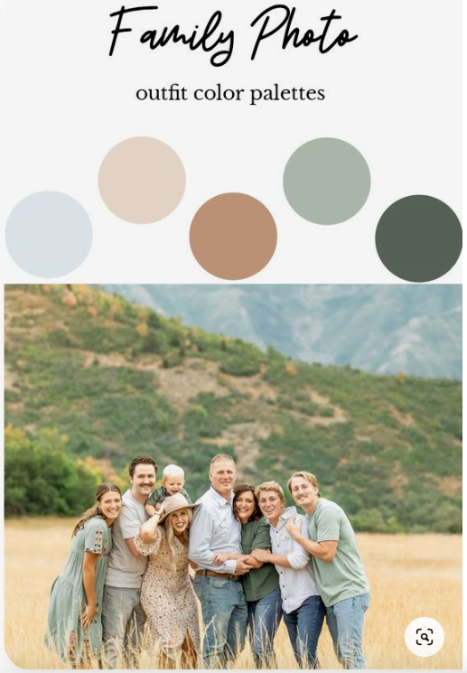 A color palette guide featuring sage, beige and blue tones with a family photo example below.