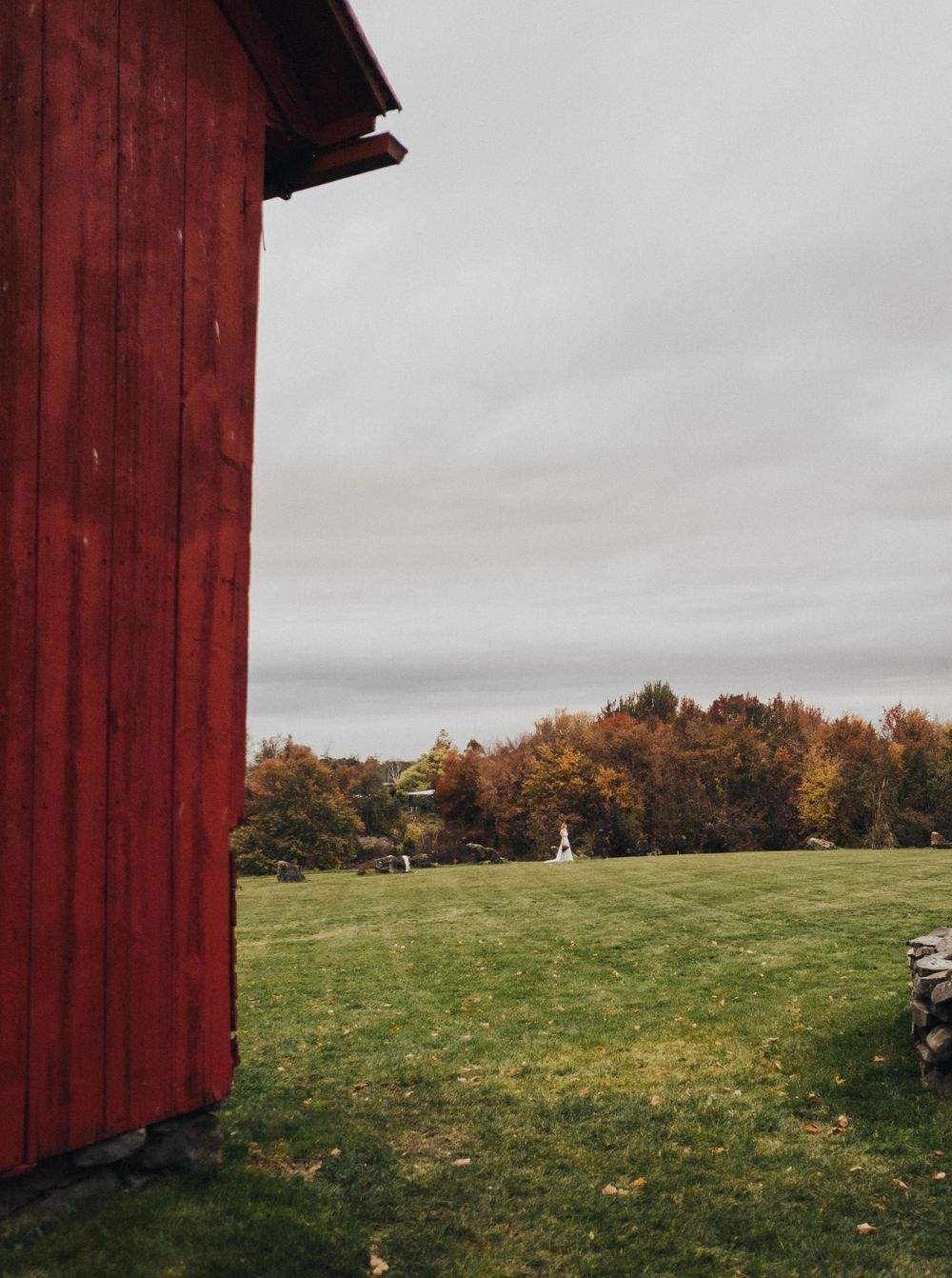 Red barn wall with green field and autumn trees in the distance on an overcast day.