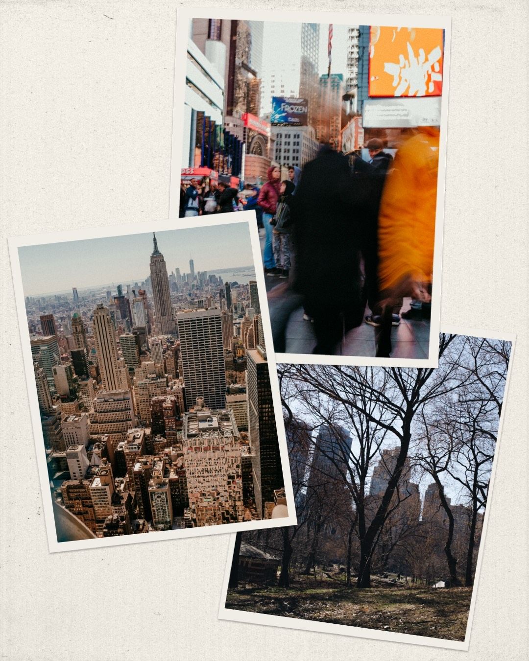 collage of NYC images blurry people walking in times square buildings central park travel photography