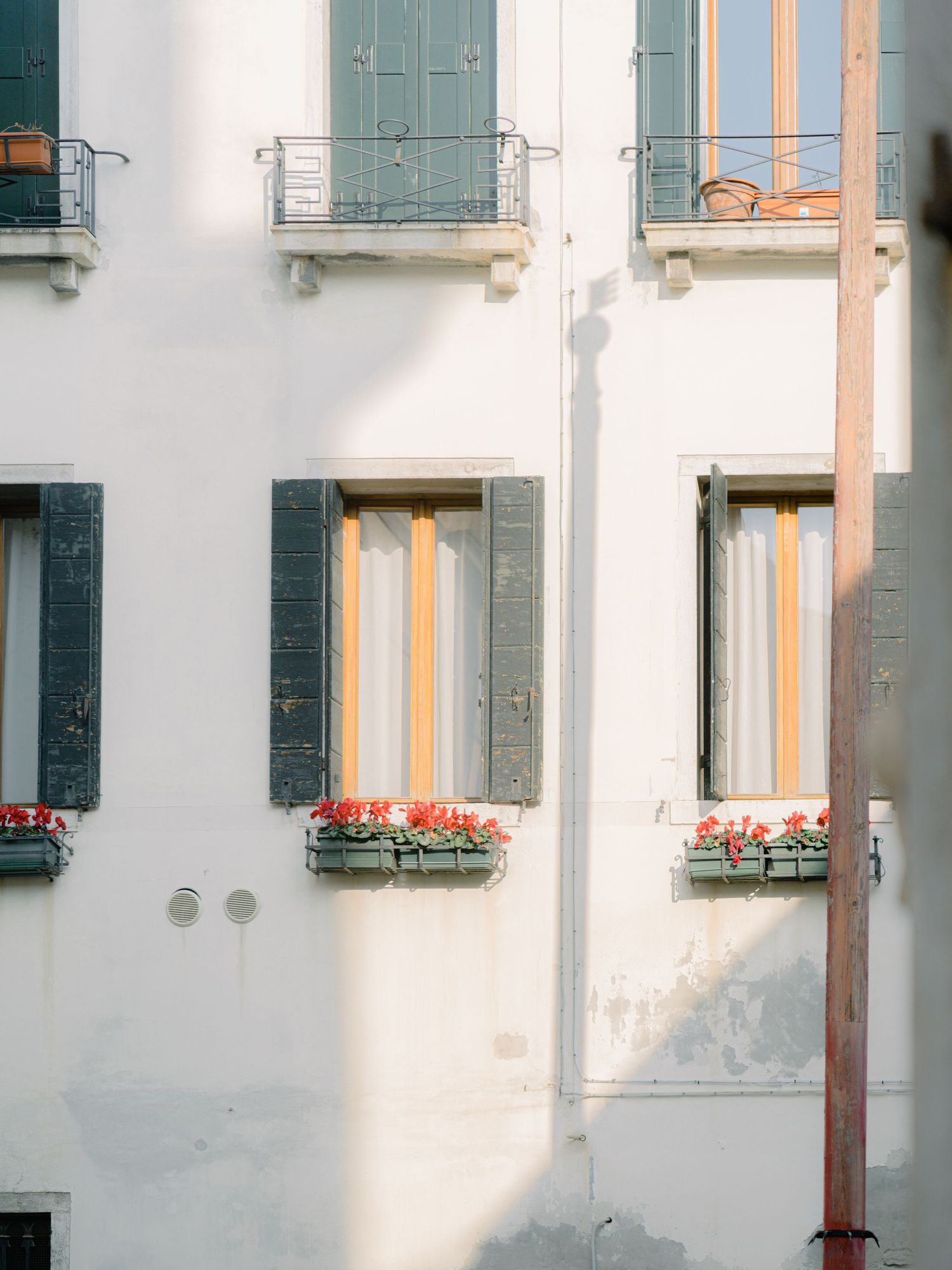 A balcony with flowers at golden hour in Venice Italy