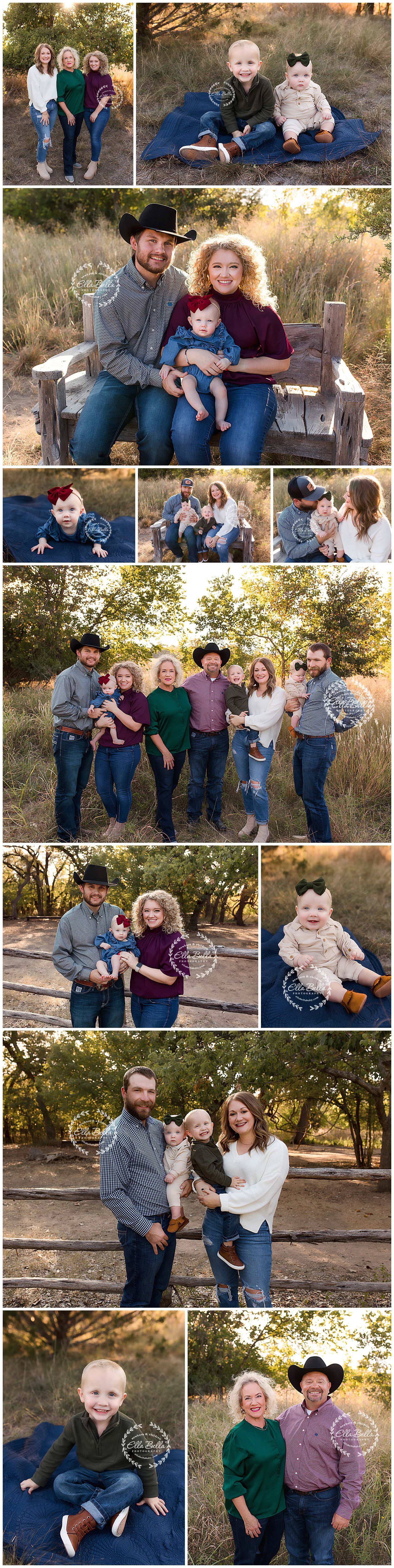 Collection of casual family photos taken outdoors at sunset featuring rustic bench and natural field backdrop.