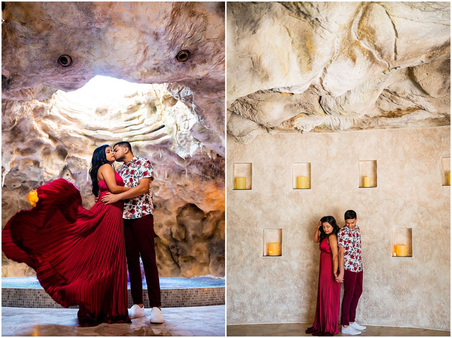 Two romantic photos in a cave setting with dramatic lighting and stone walls.