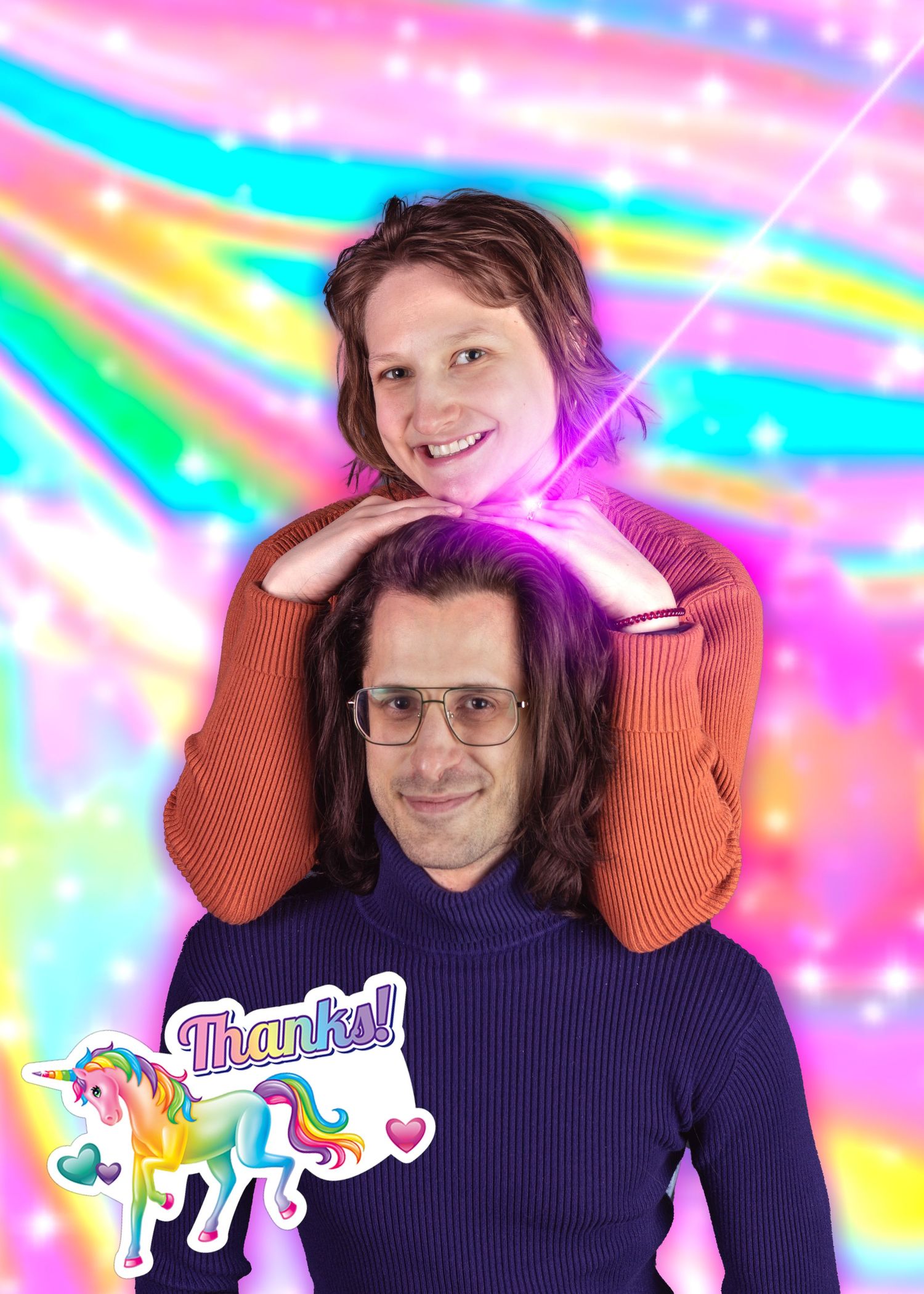 Parent and child pose for a fun portrait with magical rainbow background and unicorn sticker.