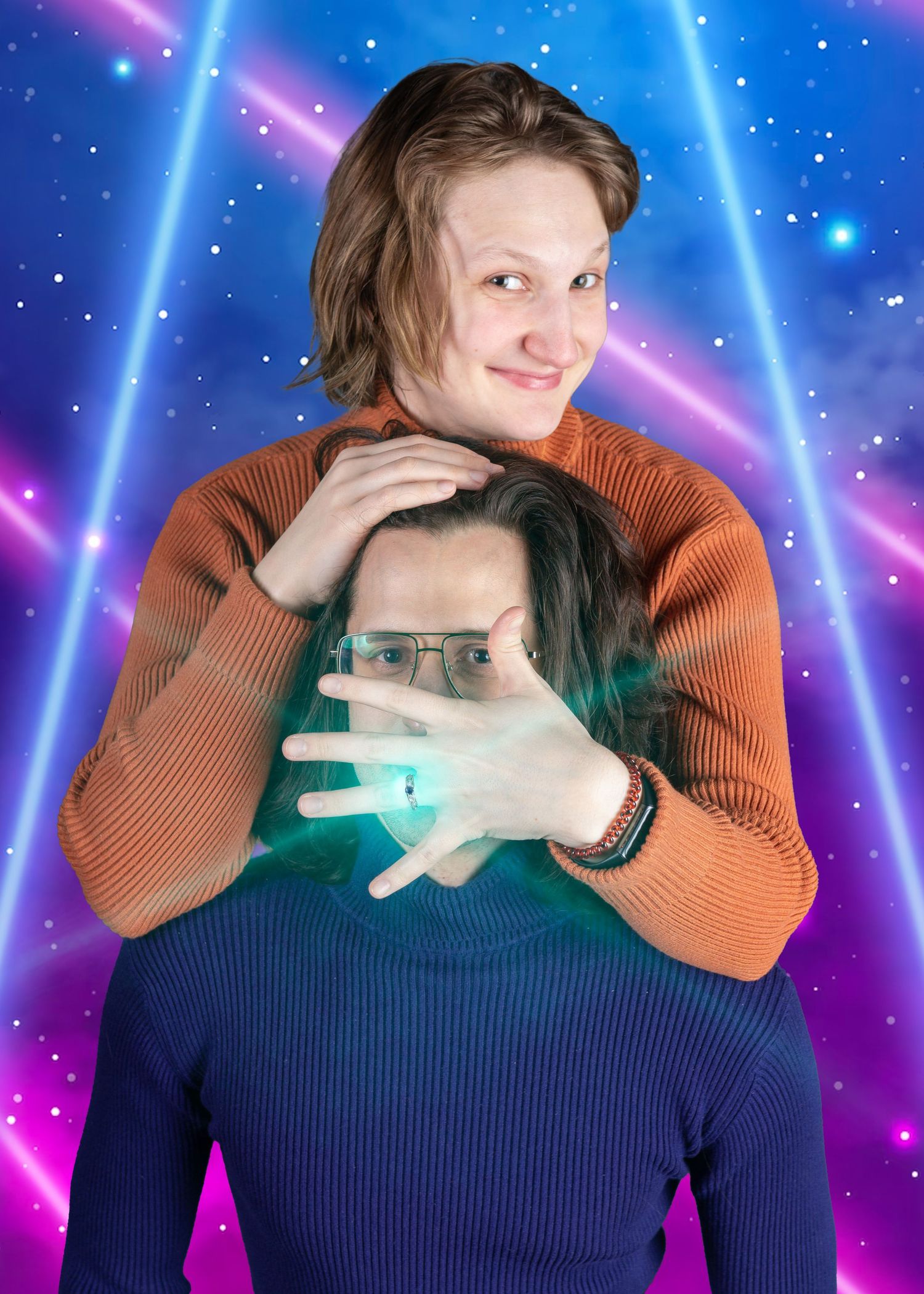 Retro-styled portrait with cosmic background and neon lighting effects.