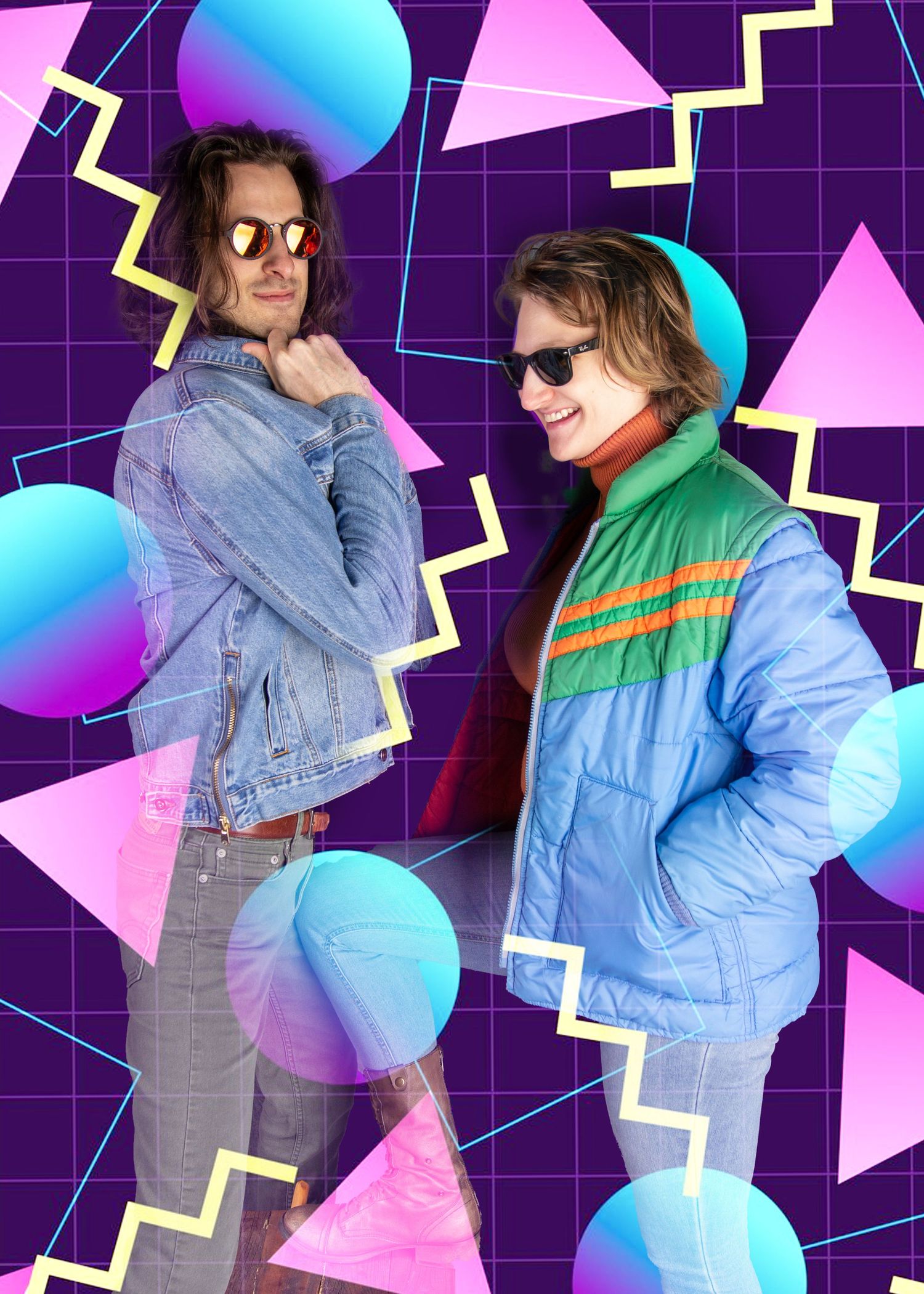 Two people strike poses against a retro 80s style background with geometric shapes and neon colors.
