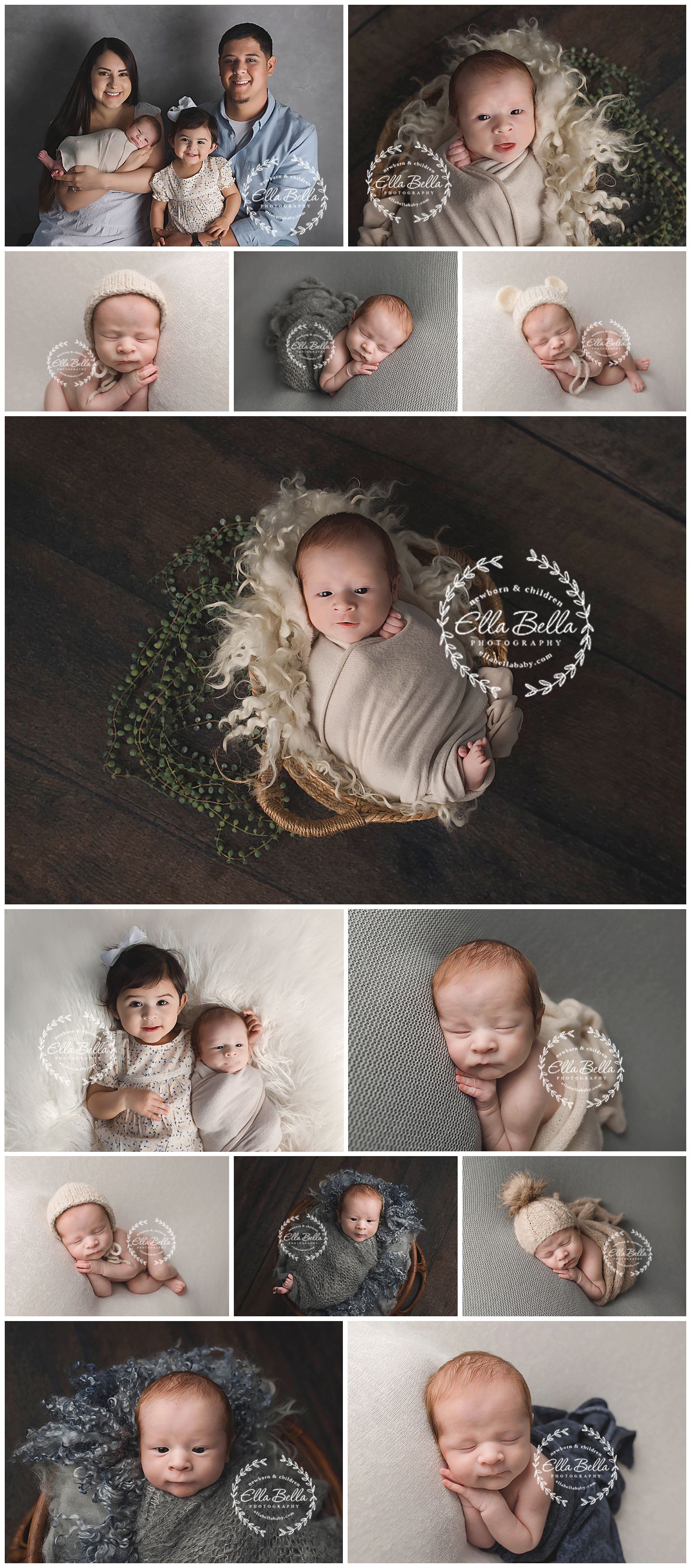Newborn photography collection with family portraits and solo baby shots in neutral tones.