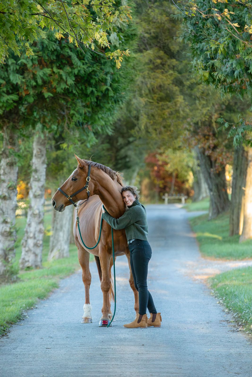 Girl hugging chestnut horse's neck