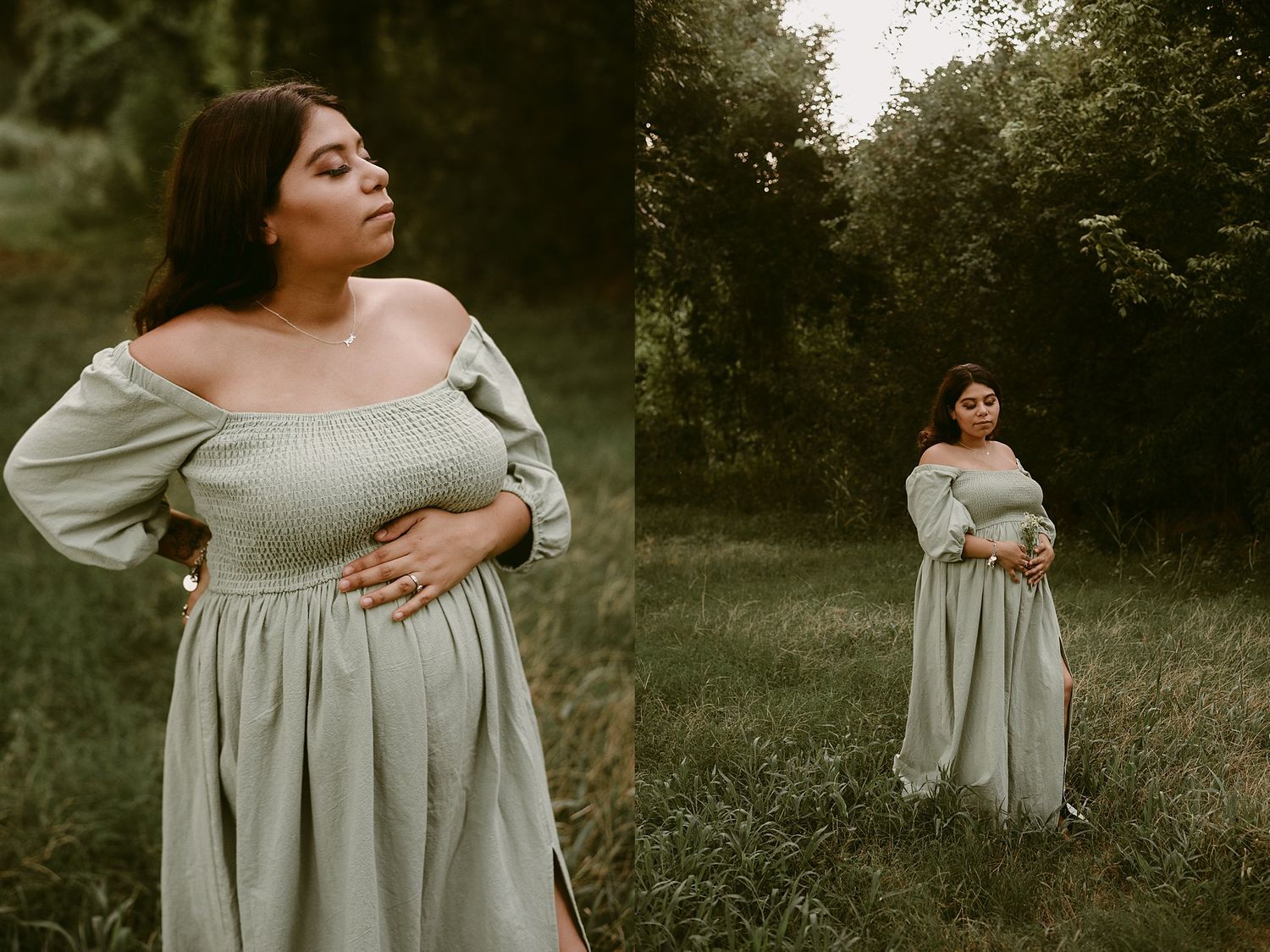 Artistic diptych captures someone in a flowing empire waist dress against a moody forest backdrop.
