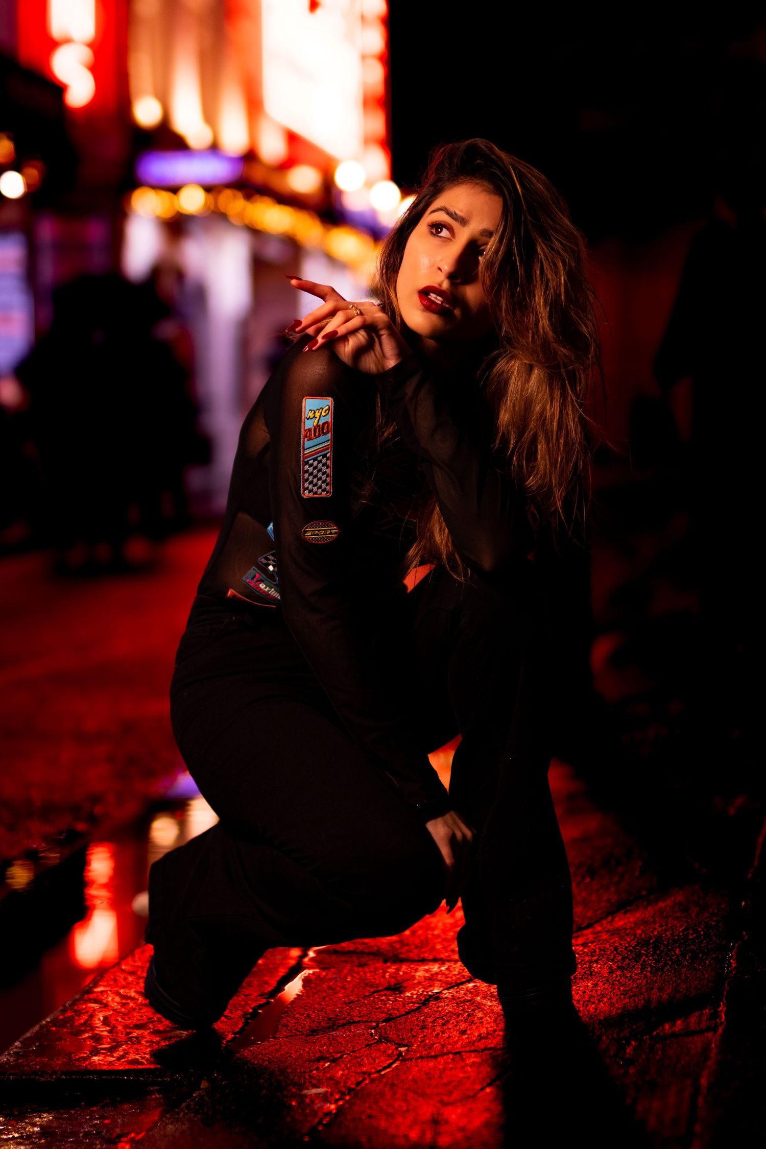 London photoshoot in Soho with Taniya Dharani model with neon lights fashion Raybans by Kush Rattan Photography