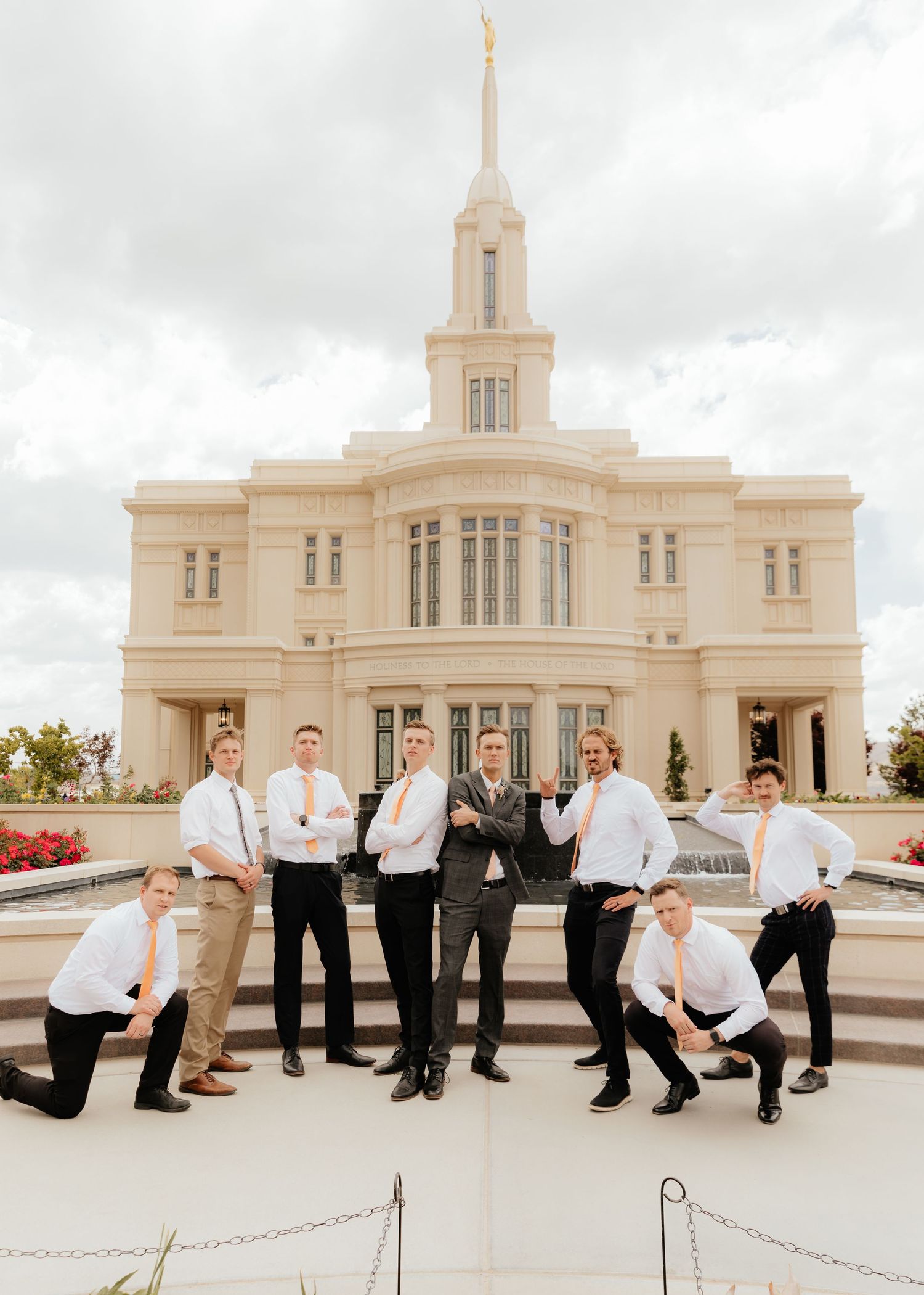 Groom and Groomsmen striking Boyband pose at Payson, Utah LDS Temple