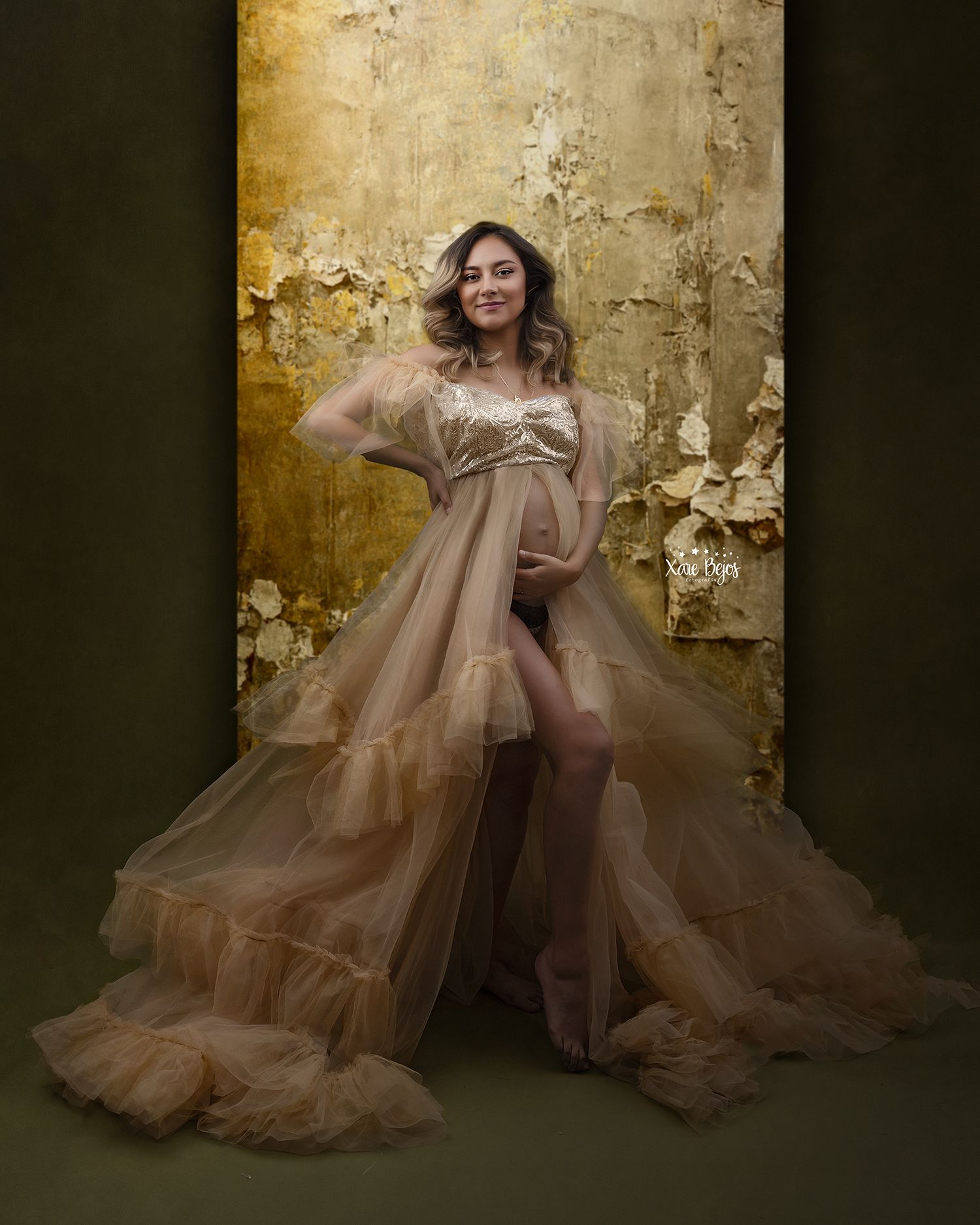 Ethereal maternity portrait in beige tulle gown against textured wall.