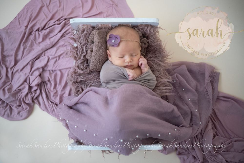 Newborn in mini bed posed and wrapped with flowing blanket