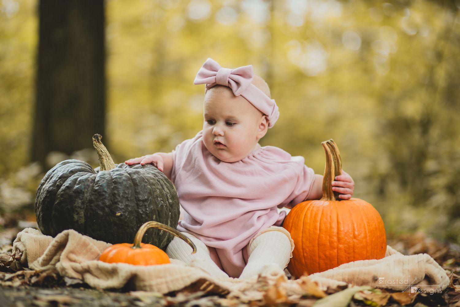 6 month old infant girl in pink on blanket amongst fall leaves in wooded area with green and orange pumpkins.