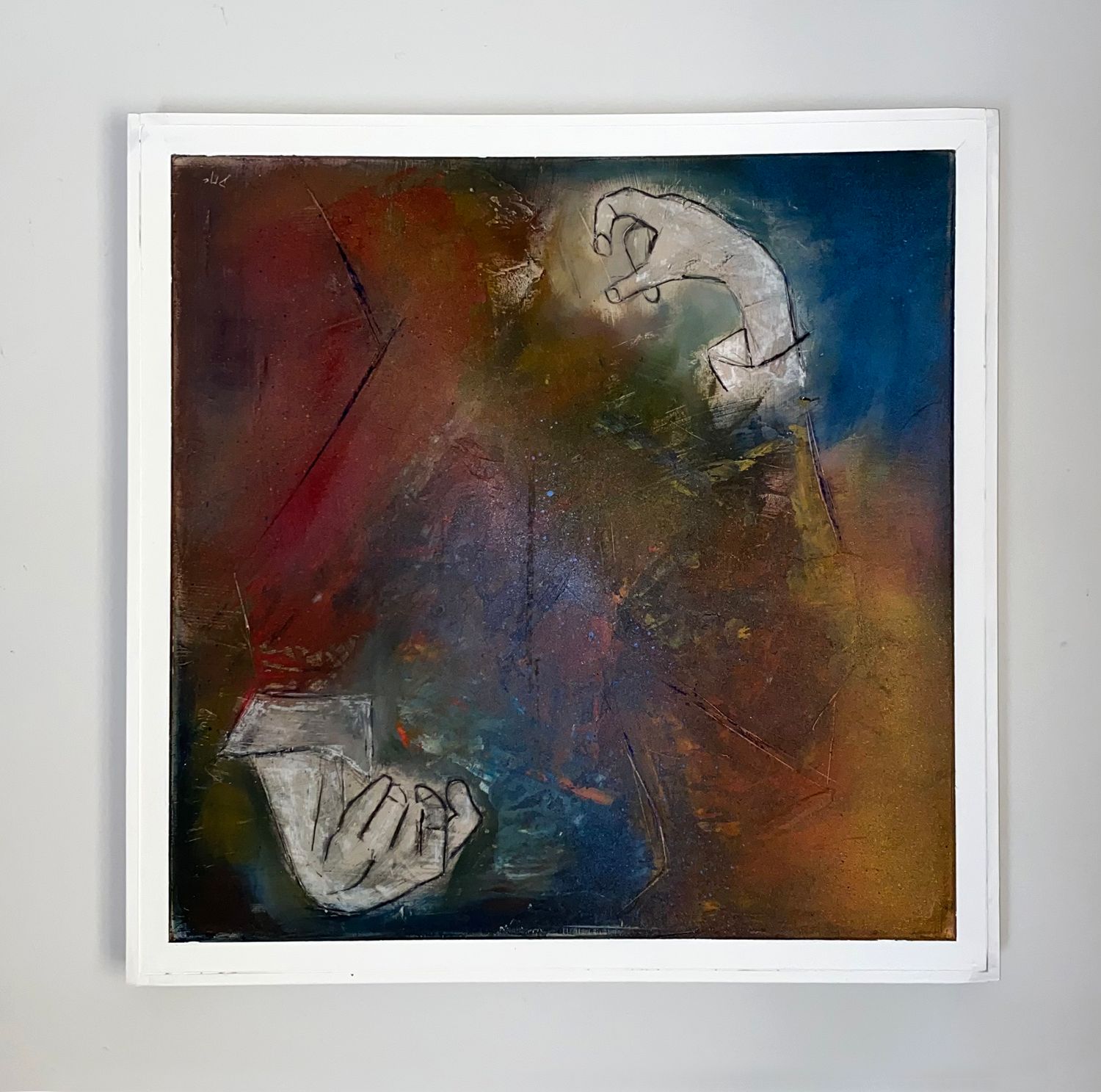 'Hands II' mixed media painting on canvas. Hands contorted on a multicoloured background.