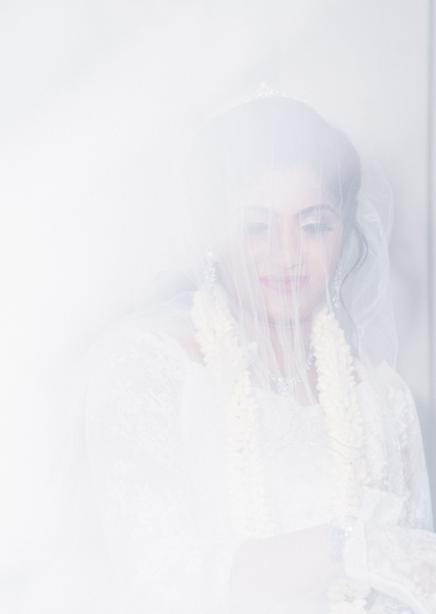 A soft, ethereal bridal portrait through a white veil.