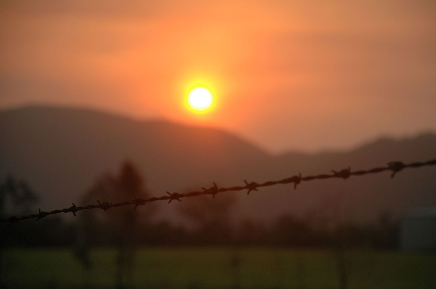 A sunset over misty mountains with a barbed wire fence silhouetted in the warm orange foreground.