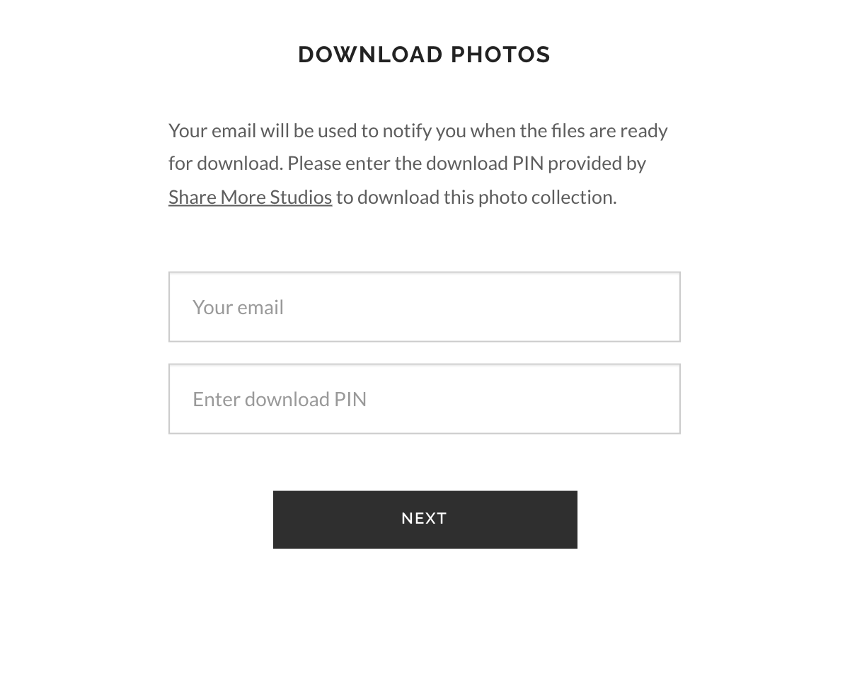 Screenshot of photo download form with email and PIN input fields.
