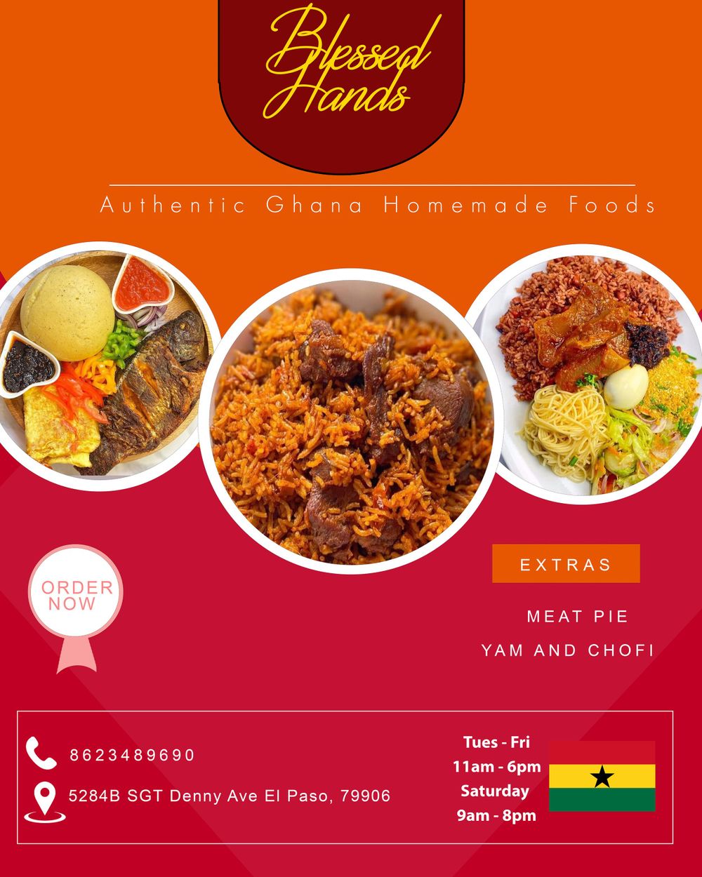 Menu banner for Blessed Hands authentic Ghanaian restaurant with food photos and contact information.