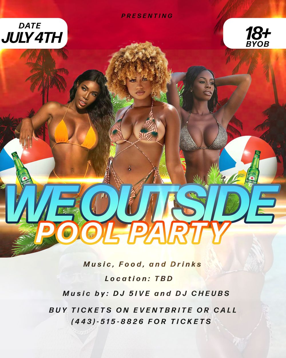 Pool party event flyer with palm tree background and 18+ age requirement for July 4th.
