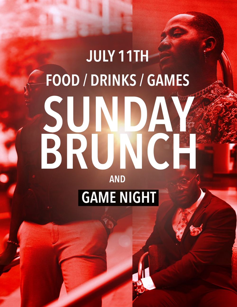 Promotional flyer for Sunday Brunch and Game Night event featuring food, drinks and games on July 11th.