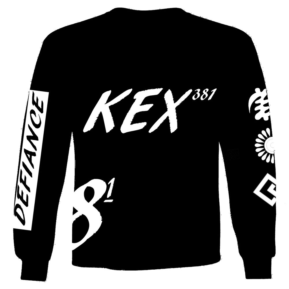 Black long sleeve t-shirt mockup with KEX387 branding in white text.