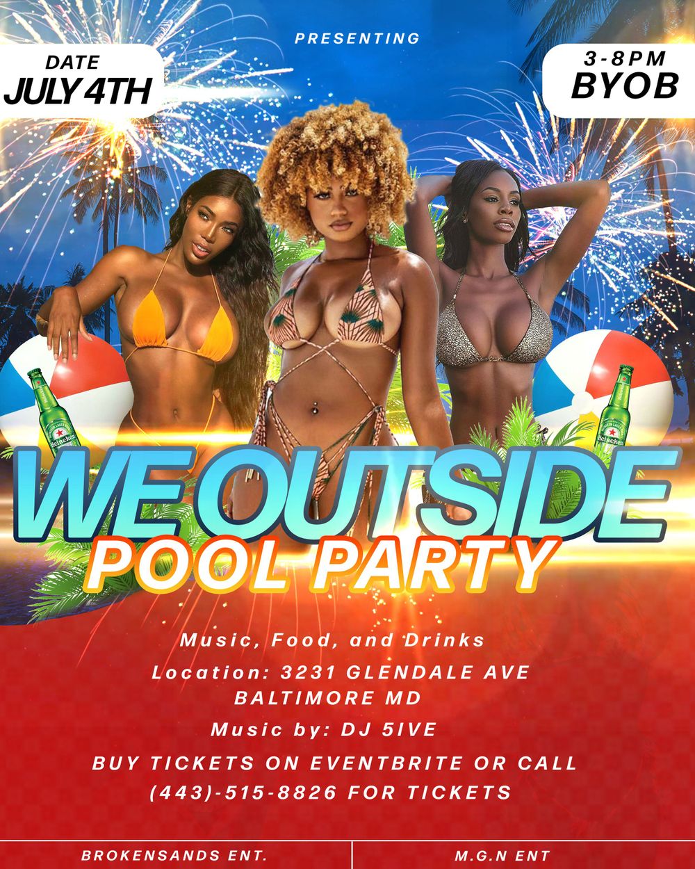 We Outside pool party flyer with fireworks background advertising July 4th event in Baltimore.