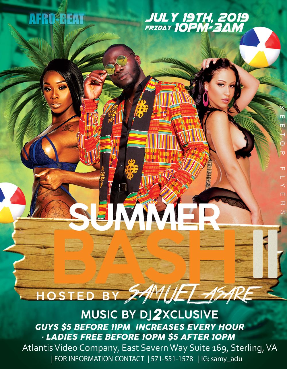 Tropical themed summer bash party flyer with beach elements and pricing details.