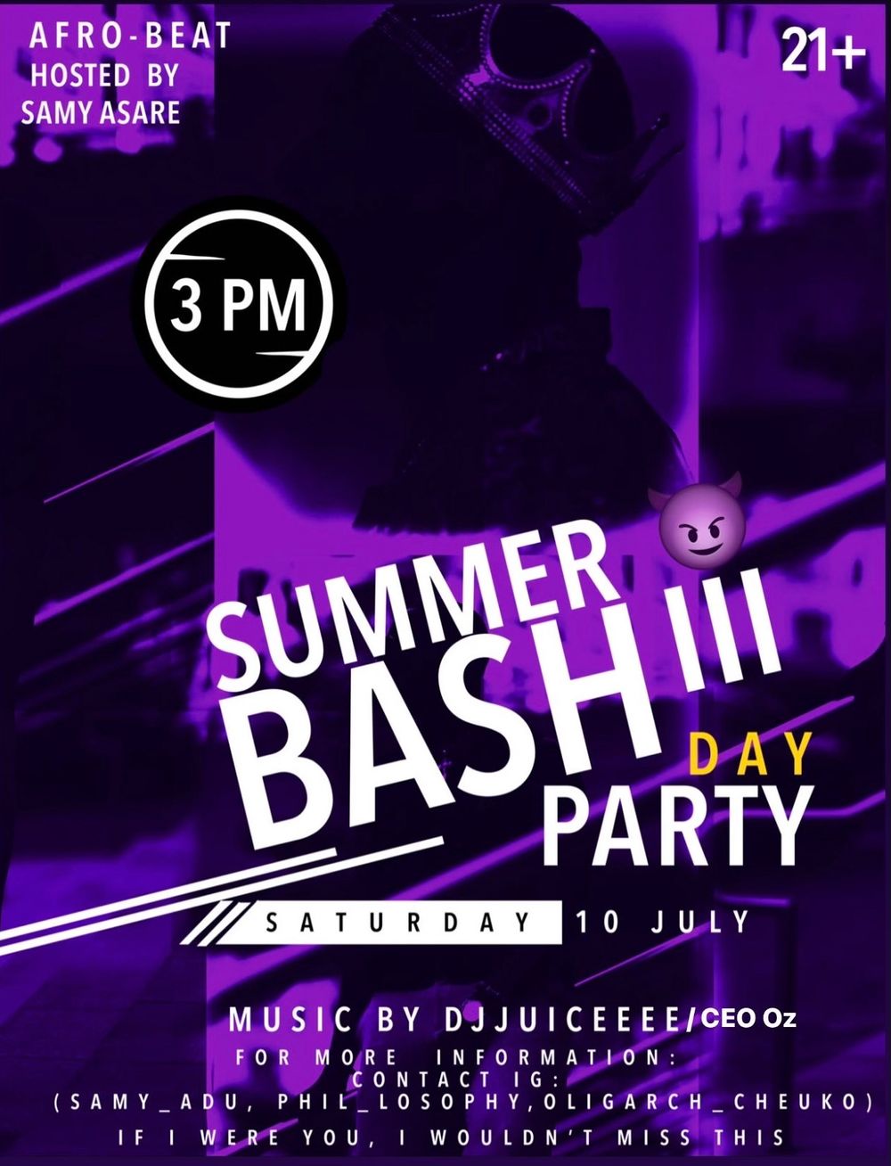 Purple and white event flyer for Afro-Beat summer party with DJ lineup.
