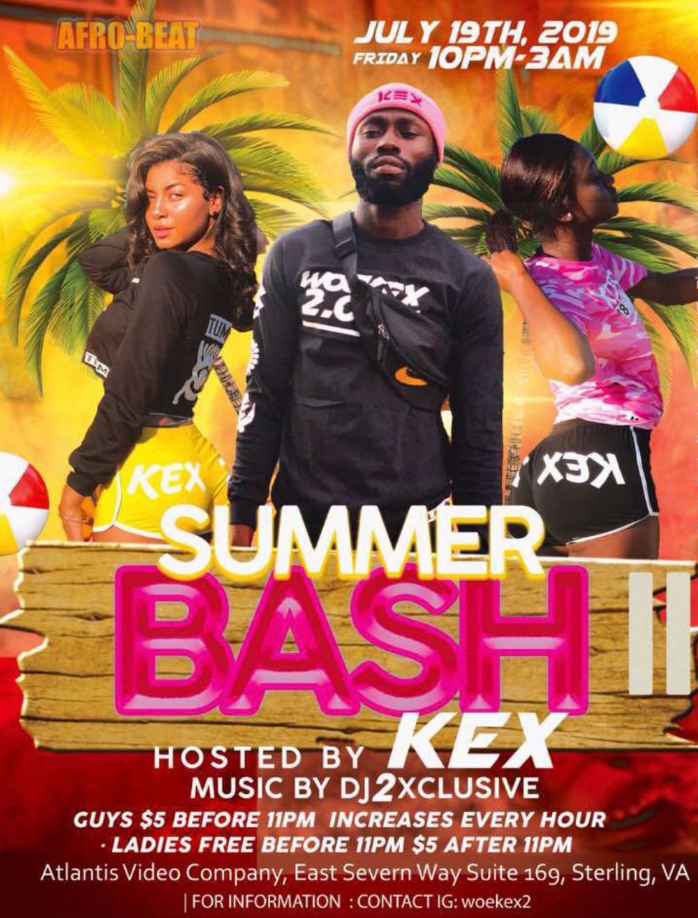 Summer Bash II event flyer with tropical background advertising July party in Virginia.