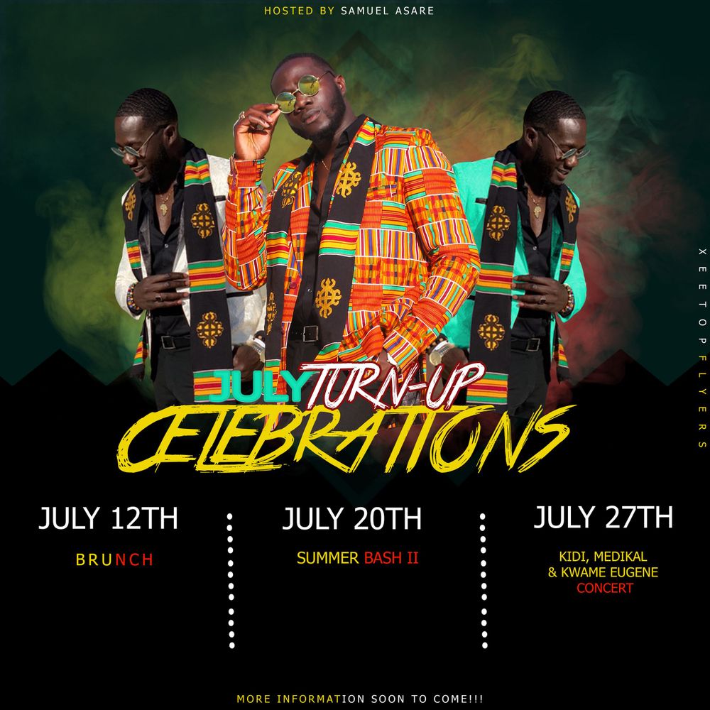 Triple celebrations event poster with African-inspired design showing July dates for brunch and summer bash.