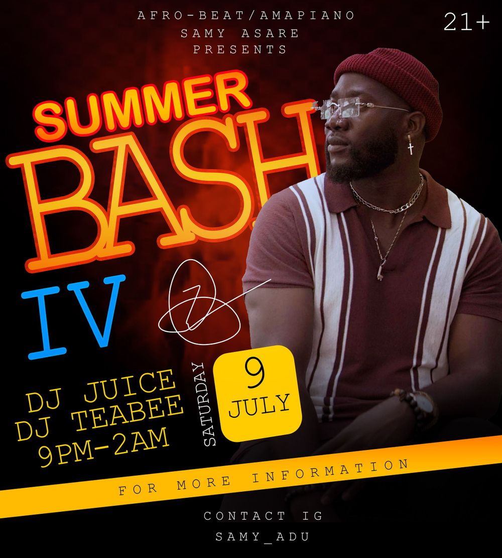 Summer Bash IV Afrobeat/Amapiano event poster featuring DJ performance details in neon text.