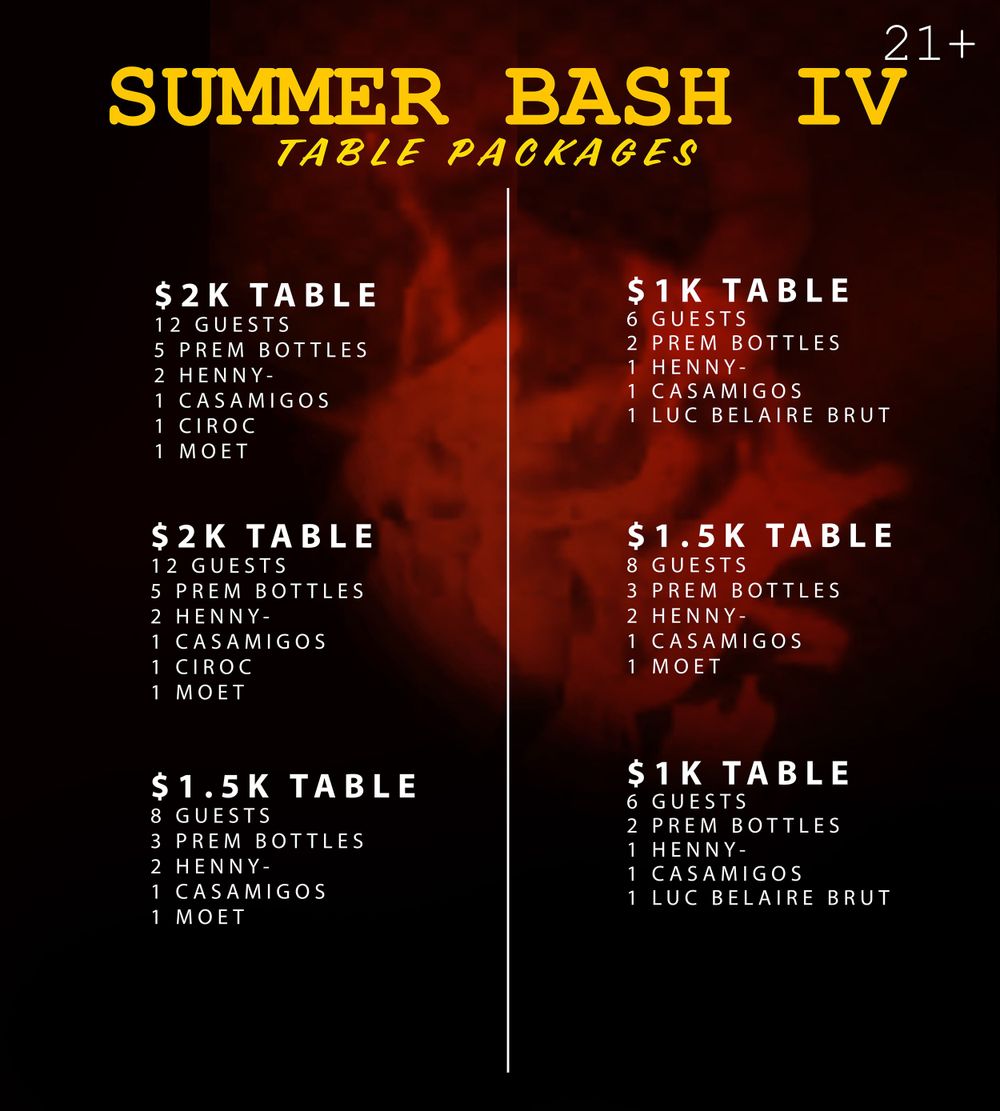 Menu board displaying Summer Bash IV VIP table packages with bottle service pricing.