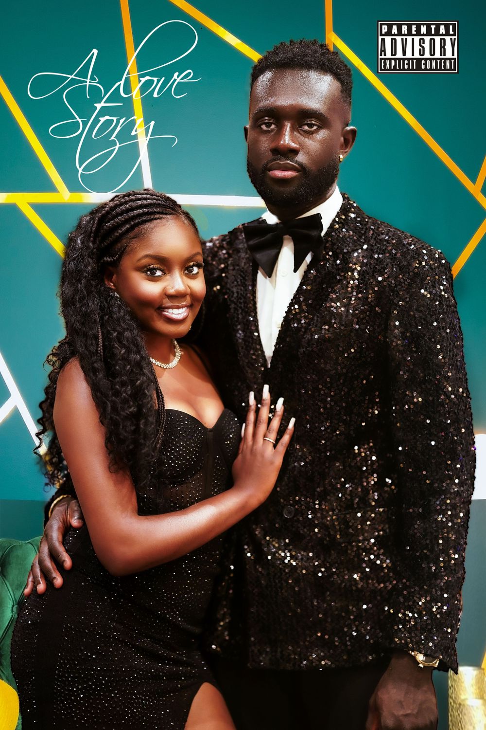 Formal portrait against teal and gold geometric background.