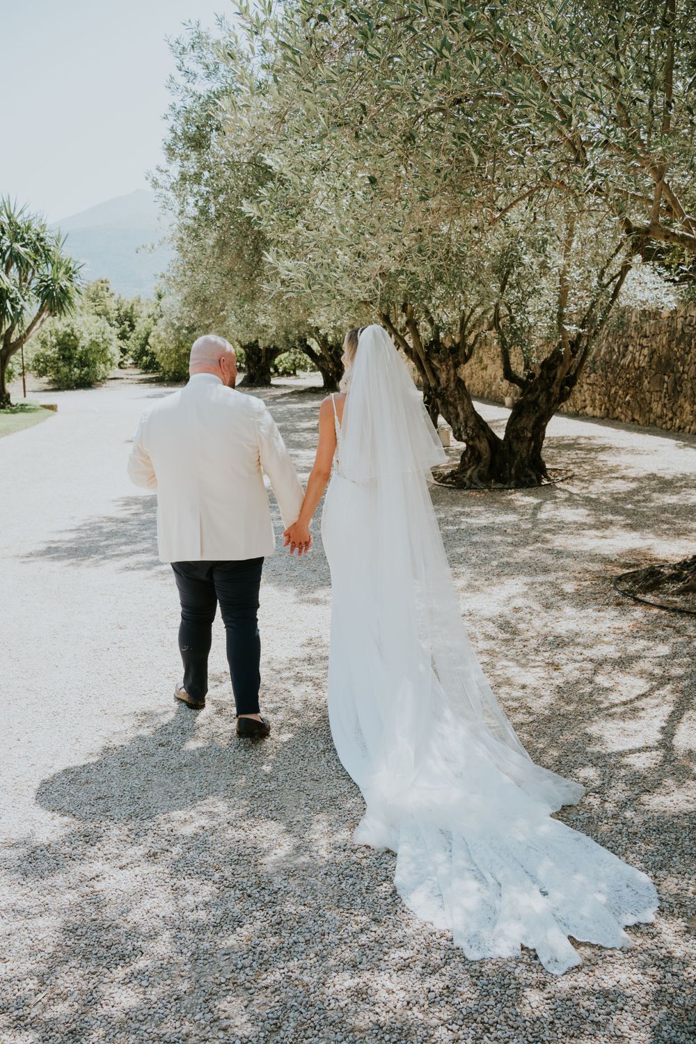 Bride in flowing white gown and veil walks down path under olive trees.
