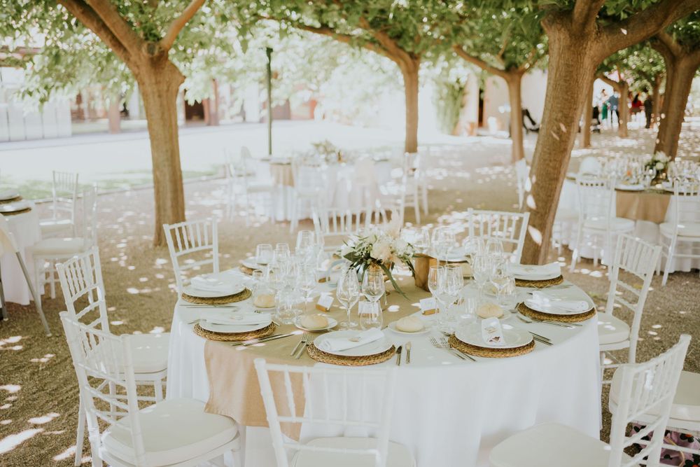 Elegant outdoor wedding reception setup with white tables and chairs under tree canopy.