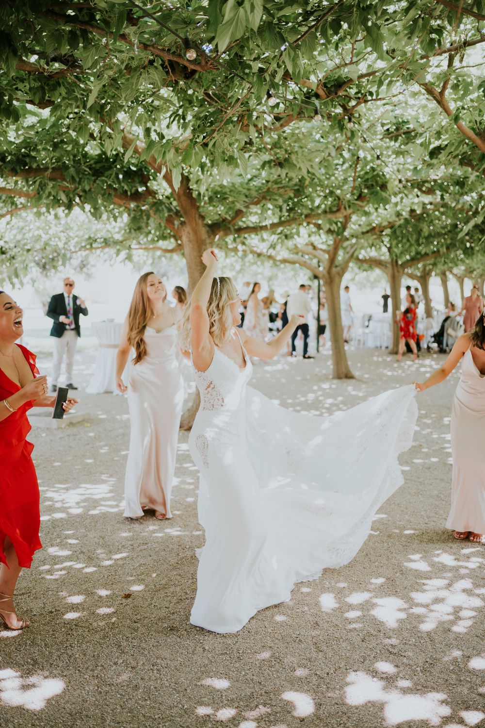 Wedding celebration in an outdoor garden setting with sunlit trees and dancing.